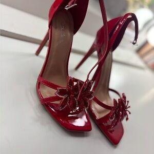 Anne Michelle Glossy Red Heels with Floral Accents